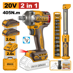 LLAVE IMPACTO 20V-LINTERNA- DADOS IMPACTO INGCO C/2 BATERIAS-1 CARGADOR #COSLI23056 (C)