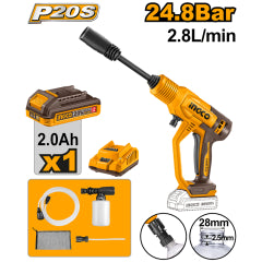 HIDROLAVADORA INGCO INALAM. 20V 24.8 BAR C/BAT + CARGADOR. CAUDAL 2.8L/MIN #CPWLI20362