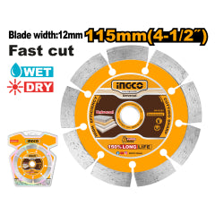 DISCO DIAMANTADO INGCO CORTE RÁPIDO EN SECO Y HÚMEDO 115MM (4 1/2")X 22,2 MM # DMD0111513