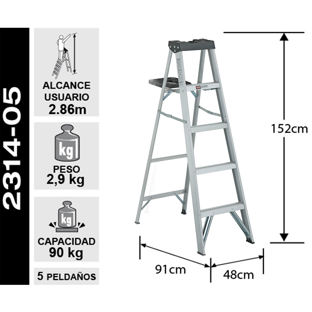 ESCALERA ALUMINIO TIJERA 5 PELDAÑOS 90 KG CUPRUM