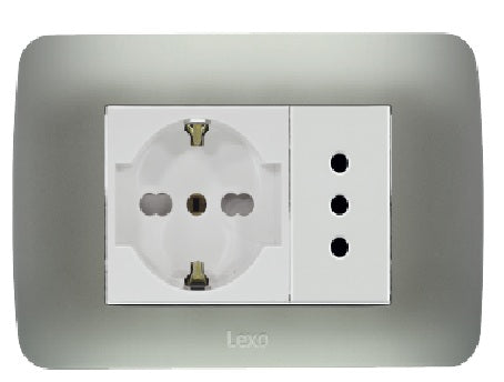 Toma corriente SCHUKO 10/16 más toma corriente 10A 250V plata armado