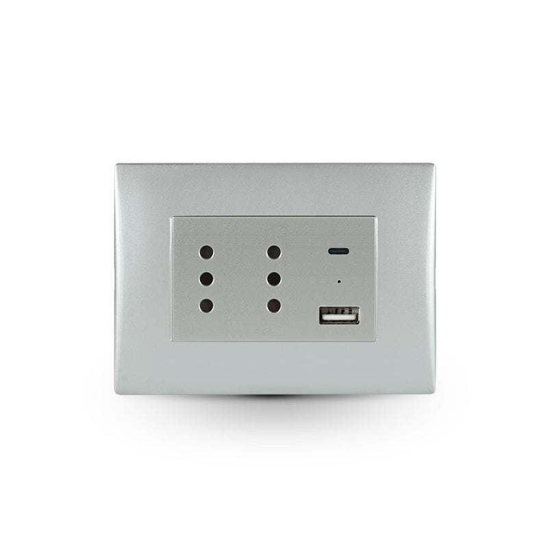 TOMA CORRIENTE ANDES DUPLEX 10A + 2 USB SILVER ARMADA