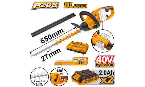 CORTASETOS INGCO INALAMBRICO 40V C/2 BAT. Y C/CARGADOR DOBLE #CHTLI400282