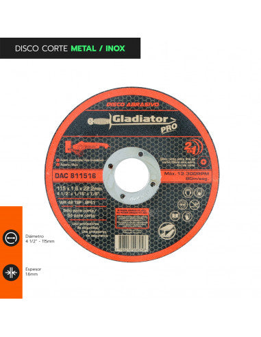 DISCO CORTE 4 1/2" X 1.6mm METAL/INOX DAC 811516