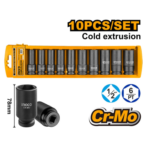 DADO INGCO 1/2" DR IMPACTO LARGO JGO 10PZS #HKISSD12102L